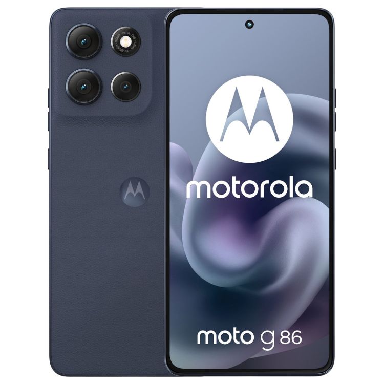 Smartphone Motorola Moto G86 5G, azul, 8GB/256GB, dual sim, três câmeras traseiras e logo M da Motorola na parte de trás e na tela.