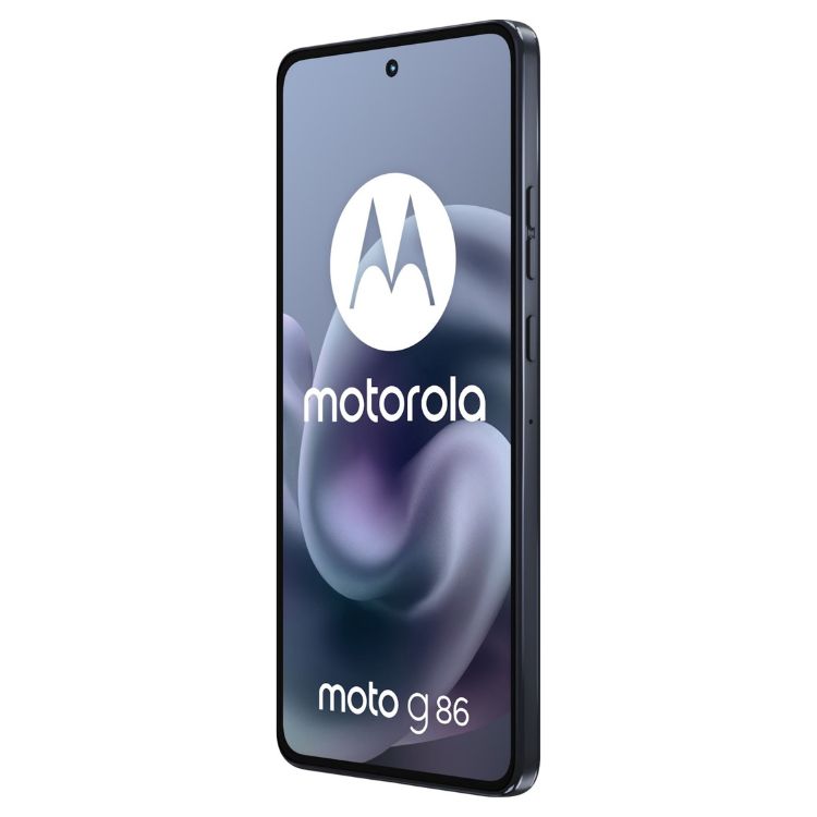 Smartphone Motorola Moto G86 5G azul com logotipo da marca na tela.