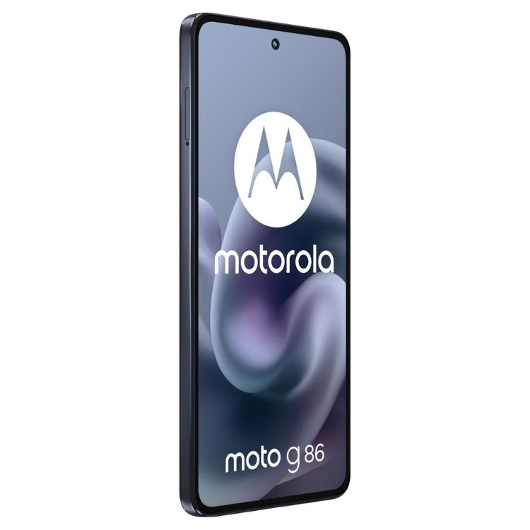 Smartphone Motorola Moto G86 5G azul com logótipo da marca no ecrã.