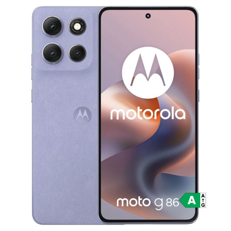 Smartphone Motorola Moto G86 5G roxo com 3 câmeras traseiras e tela de marca Motorola.