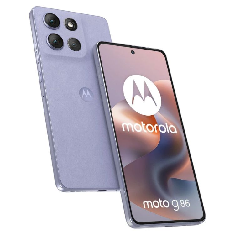 Smartphone Motorola Moto G86 5G roxo com 3 câmeras e ecrã ligado com logótipo da marca.