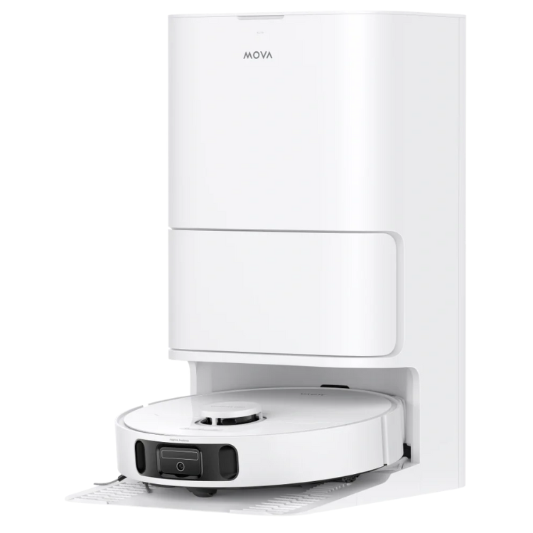 Aspirador robot MOVA E40 Ultra branco com base de carregamento, painel de controlo preto e logotipo MOVA.