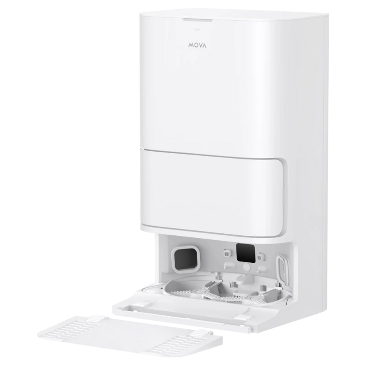 Aspirador robot MOVA E40 Ultra branco com tampa aberta e base de carregamento à vista.