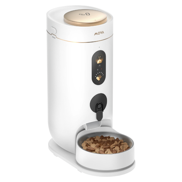 MOVA NutriPal 10 Ultra smart pet feeder, white with gold accents, filled with dry pet food.