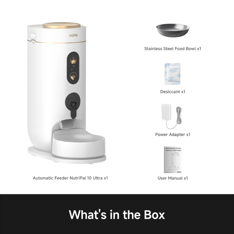 White MOVA NutriPal 10 Ultra smart pet feeder with gold accents and black controls.