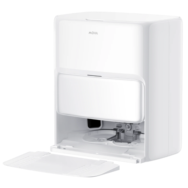 Aspirador robot MOVA P50 Ultra branco com base station e tampa aberta.