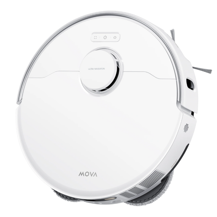 Aspirador robot MOVA P50 Ultra branco com painel de controlo e marca MOVA.