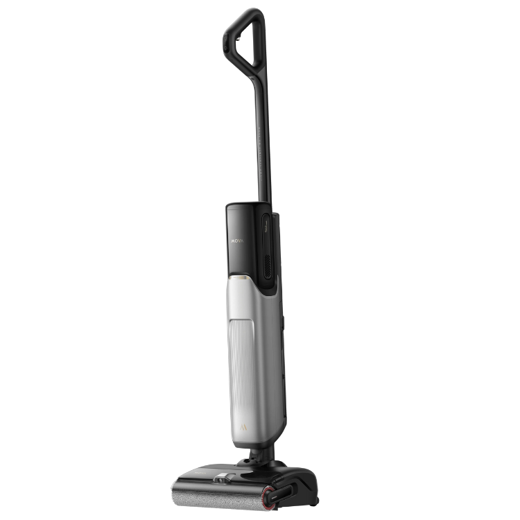 MOVA X4 Pro wet and dry vacuum, black and silver, upright with long handle.