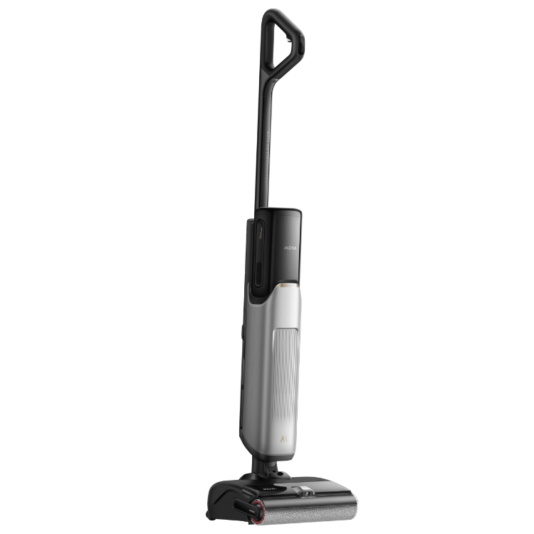 MOVA X4 Pro wet and dry vacuum, black and silver, upright with handle.