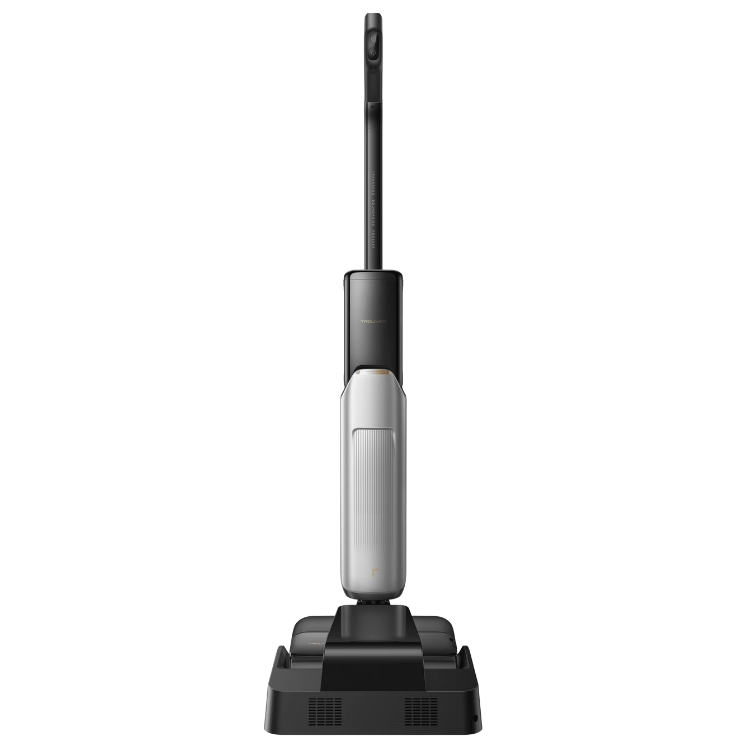 Black and silver MOVA X4 Pro wet and dry vacuum cleaner on charging dock.