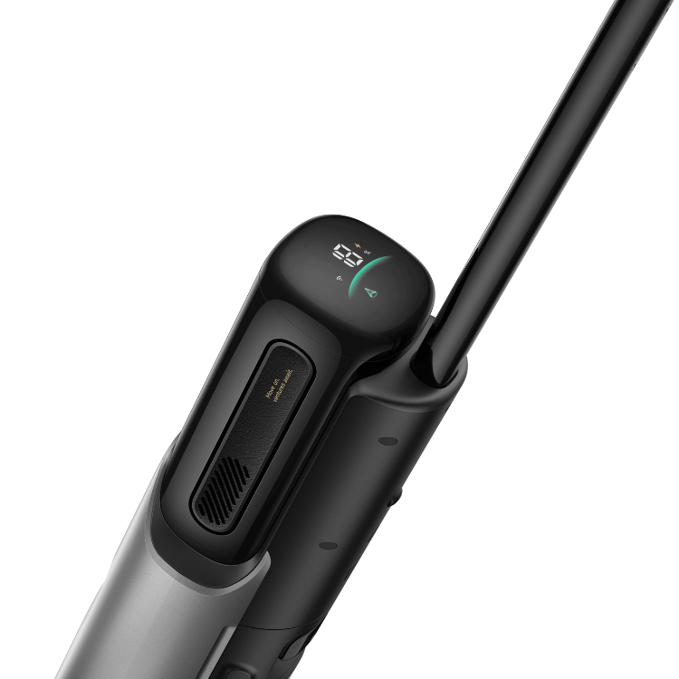 Black and grey MOVA X4 Pro vacuum cleaner with digital display and green accents.