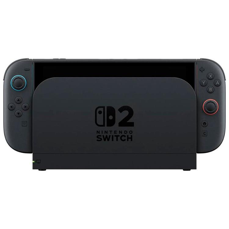 Black Nintendo Switch 2 console with Mario Kart World pack, detachable controllers.