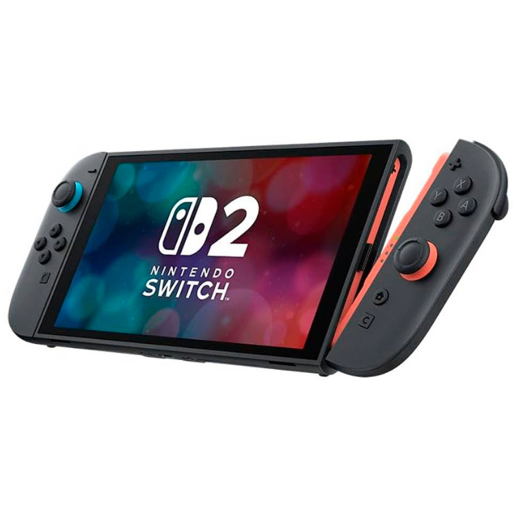 Black Nintendo Switch 2 console with Mario Kart game, detachable orange-accented controllers.