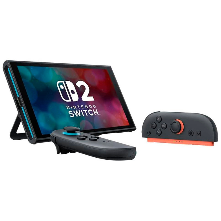 Black Nintendo Switch 2 console with colorful screen, controller, and orange Joy-Con.