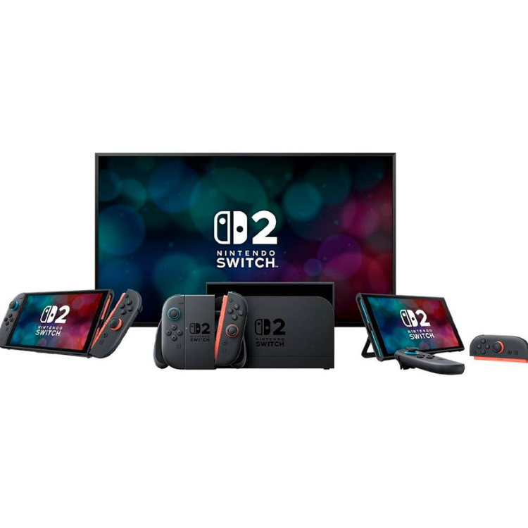 Nintendo Switch 2 console in black, Mario Kart World pack, with controllers and screen.