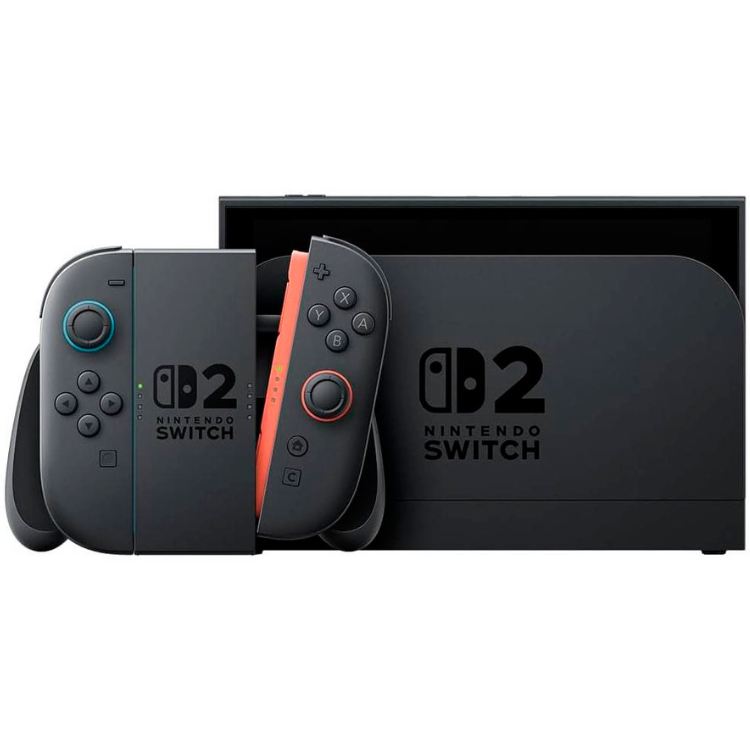 Black Nintendo Switch 2 console, controllers with blue and orange accents, and box.