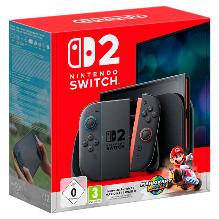 Nintendo Switch 2 console box with Mario Kart World game, black, in red packaging.
