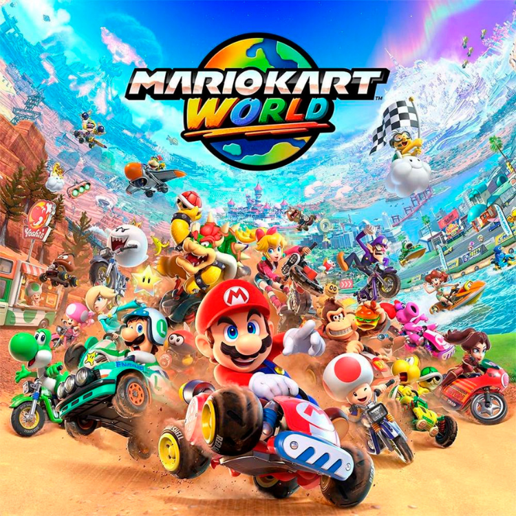 Nintendo Switch 2, black, with Mario Kart World game.