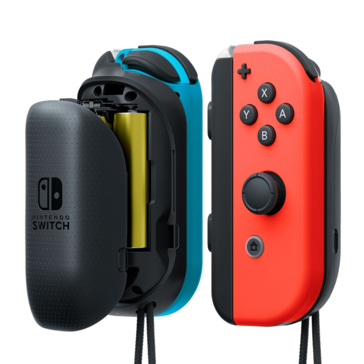 Nintendo Switch Joy-Con battery pack with AA batteries, black and red controllers.