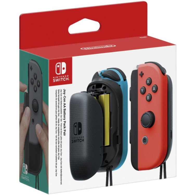 Nintendo Switch Joy-Con AA Battery Pack, red and blue controllers with black and yellow battery pack.