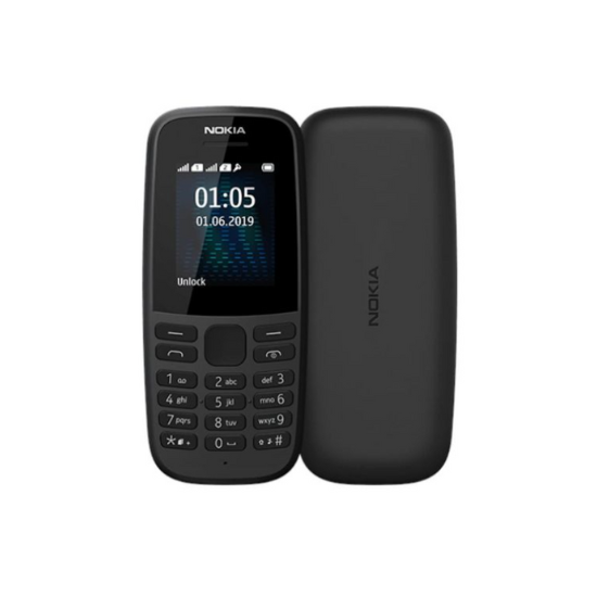 Telemóvel Nokia 105 preto, com ecrã e teclado, sem câmara.
