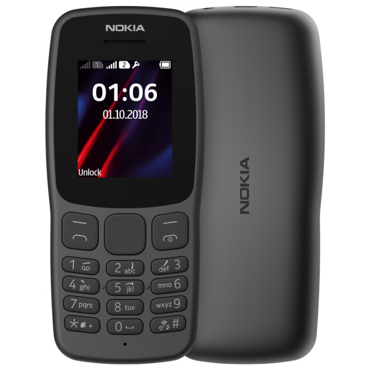 Telemóvel Nokia 106 TA-114 Dual Sim Preto, com ecrã e teclado.