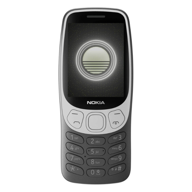 Telemóvel Nokia 3210 preto, com teclado e ecrã.