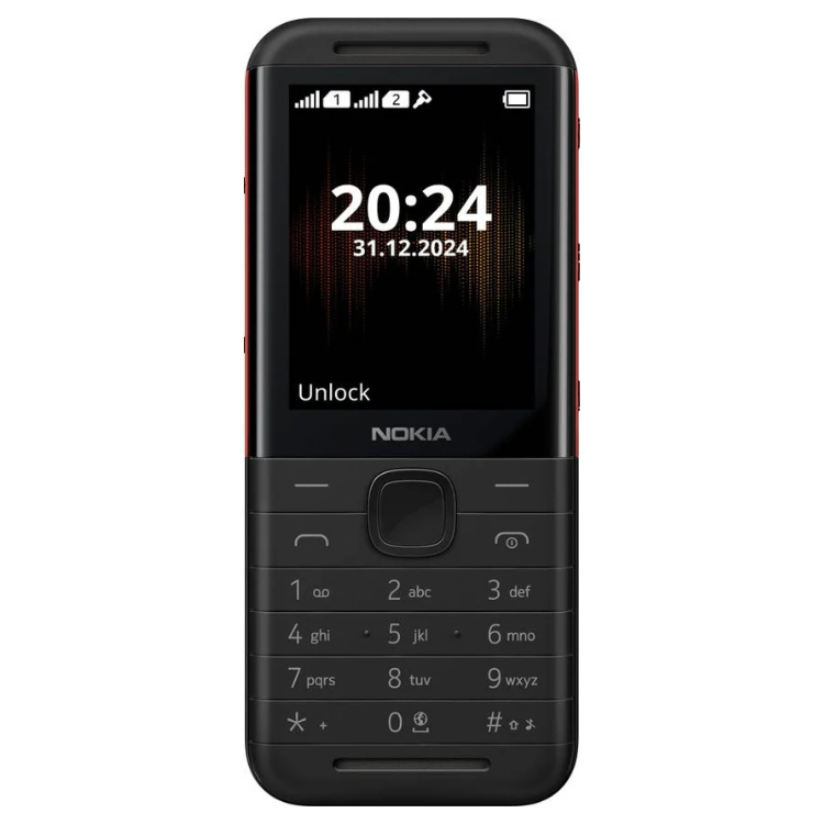 Telemóvel Nokia 5310 preto com teclado e ecrã a mostrar data e hora.