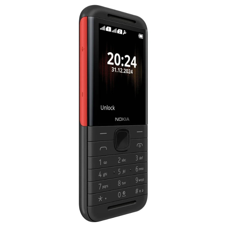 Telemóvel Nokia 5310 preto com faixa vermelha lateral, teclado numérico e ecrã a mostrar data e hora.
