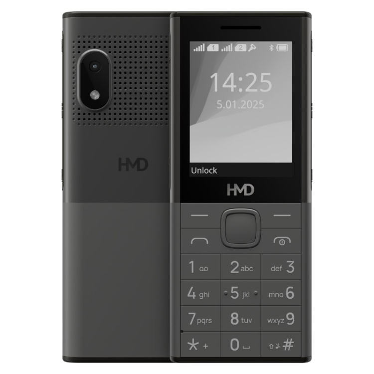 Telemóvel Nokia HMD 150 preto, com ecrã e teclado, câmara e logotipo HMD.