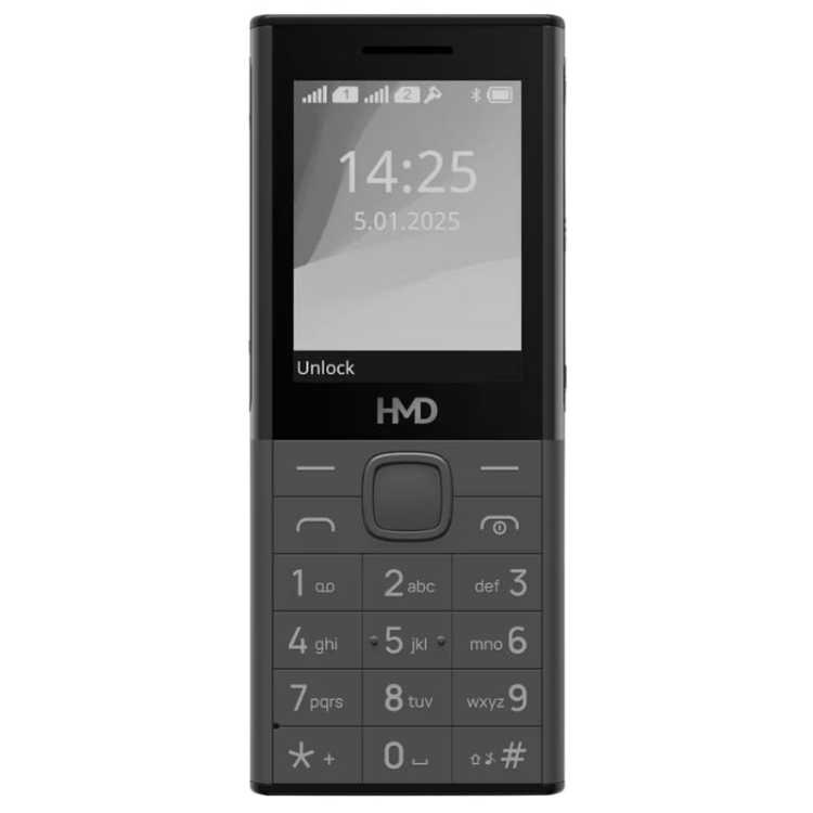 Telemóvel Nokia HMD 150 preto, com teclado e ecrã a mostrar o relógio.