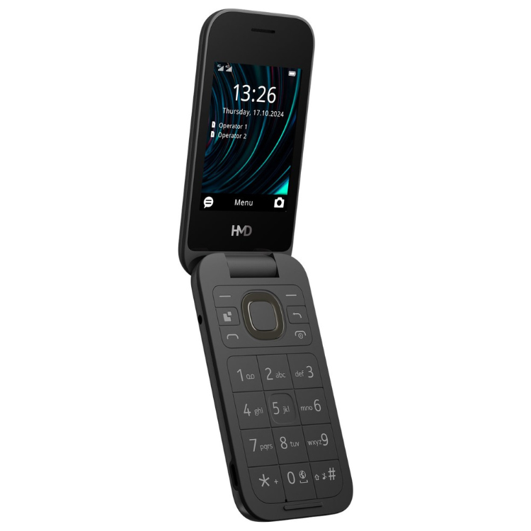 Telemóvel Nokia HMD 2660 Dual Sim preto, com teclado e ecrã aberto mostrando o relógio.