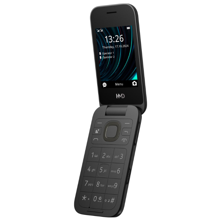 Telemóvel Nokia HMD 2660 Dual SIM preto, com ecrã aberto mostrando o menu e teclado.