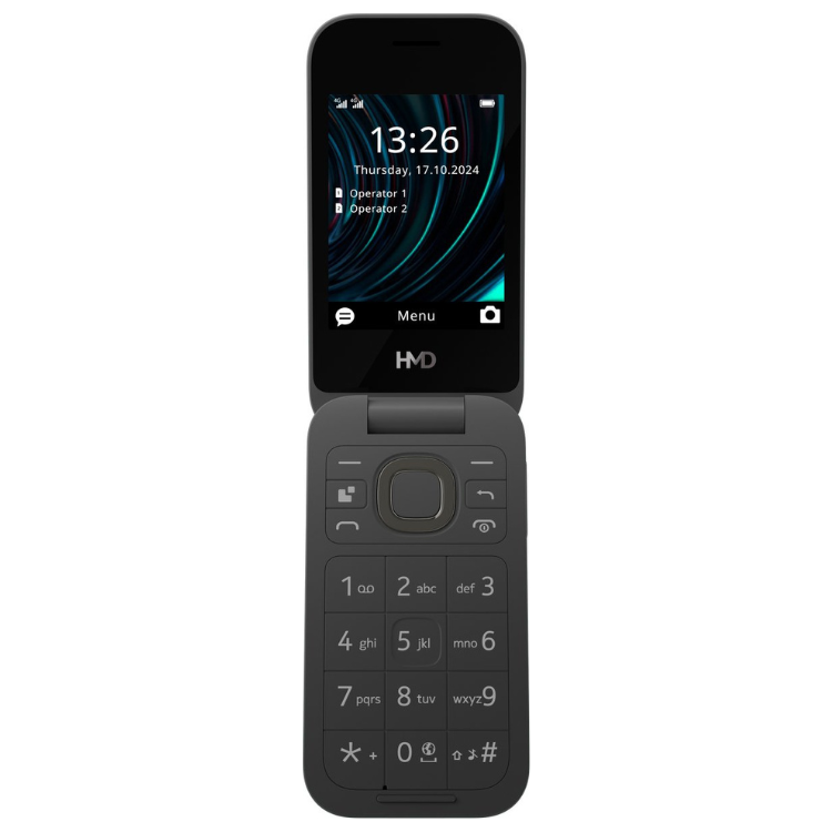 Telemóvel Nokia HMD 2660 Dual Sim preto, com teclado e ecrã a mostrar o relógio.