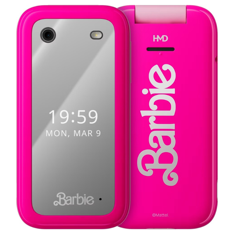 Telefone digital rosa Barbie da HMD, com tela cinza e logotipo Barbie, em formato concha.