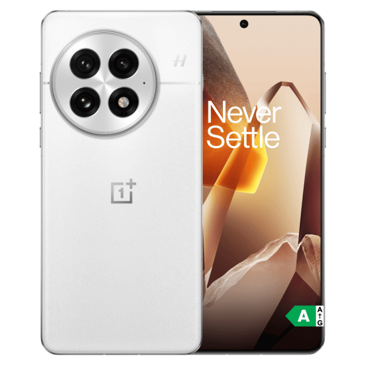 OnePlus 13 5G branco, câmaras quádruplas, ecrã com Never Settle.