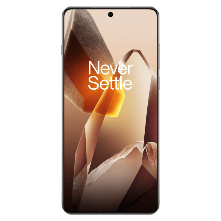 Smartphone OnePlus 13 5G, cor Amanhecer Ártico, ecrã ligado com o slogan Never Settle.