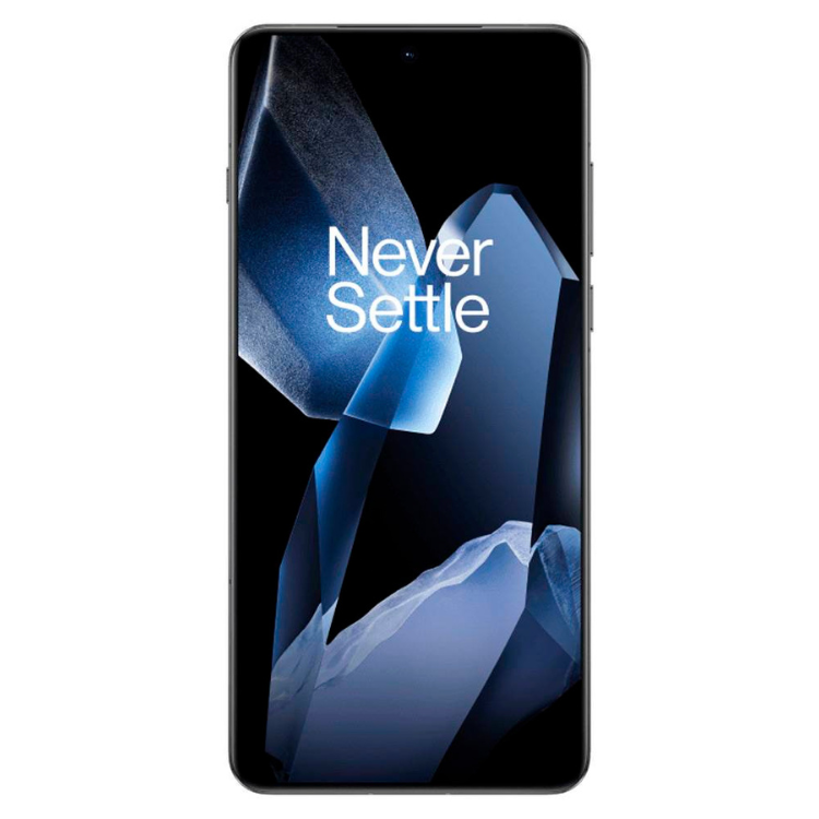 Smartphone OnePlus 13 5G preto com ecrã ligado a mostrar Never Settle.