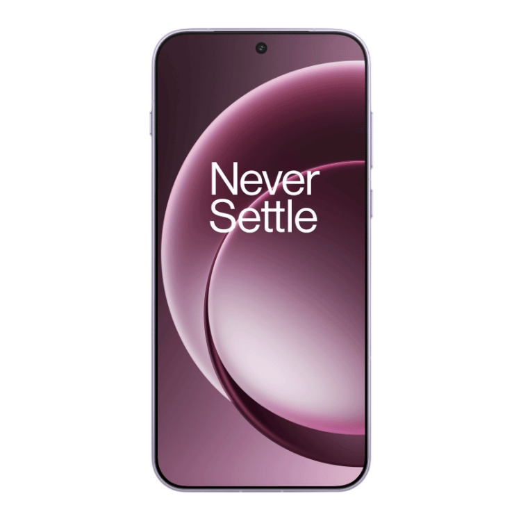 OnePlus 15, smartphone violeta, ecrã com texto "Never Settle", 16GB/512GB.