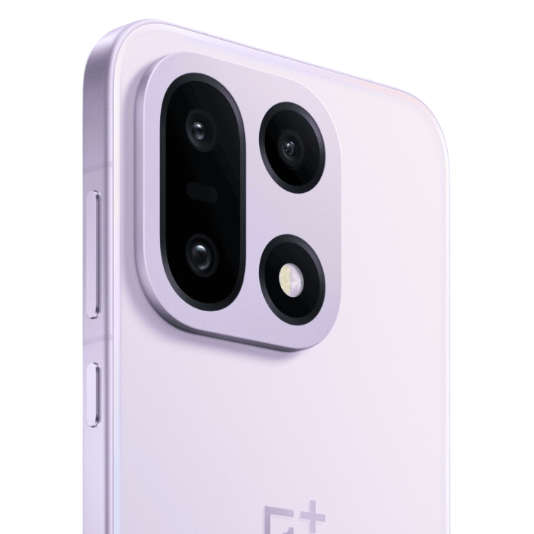 OnePlus 15, smartphone violeta, câmaras triplas na parte de trás.