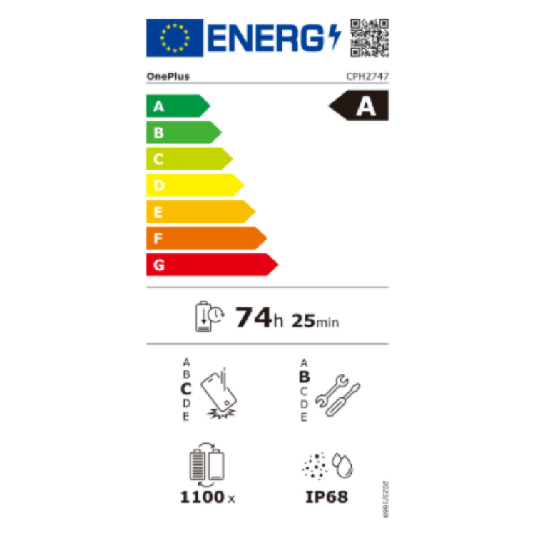 Etiqueta energética do OnePlus, eficiência A, bateria 74h 25min, resistência IP68.