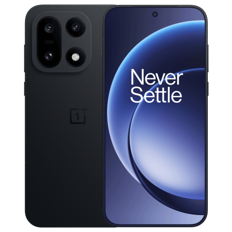 Smartphone OnePlus 15 5G preto, câmara tripla e ecrã com logótipo Never Settle.