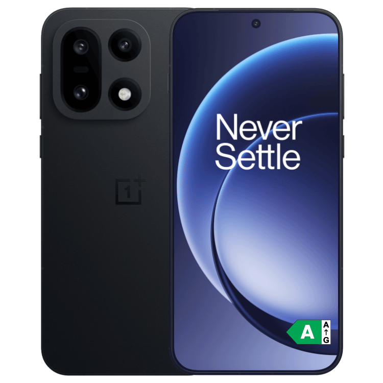 OnePlus 15 5G preto, vista frontal e traseira, câmara tripla e ecrã AMOLED com o slogan Never Settle.