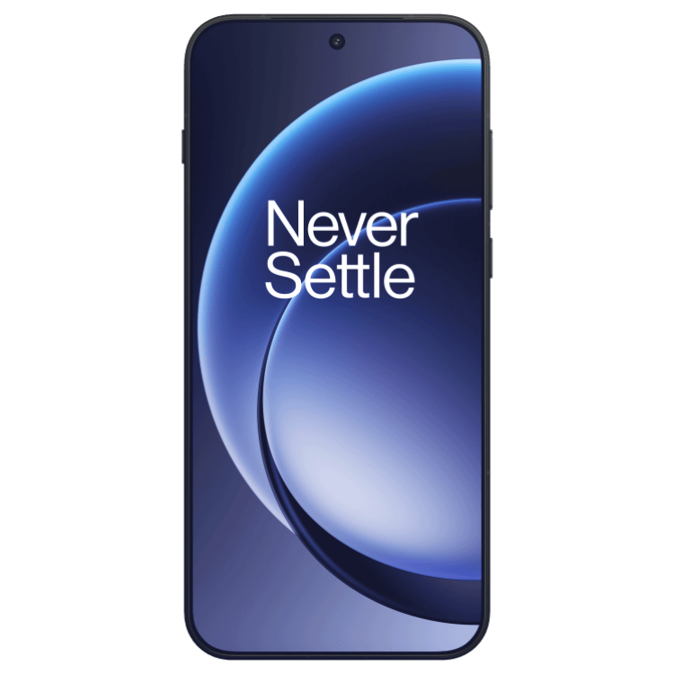 OnePlus 15 5G preto, ecrã AMOLED com imagem Never Settle.