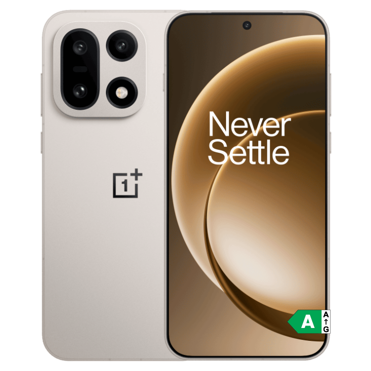 OnePlus 15 5G bege, smartphone com câmaras triplas e ecrã com logótipo "Never Settle".
