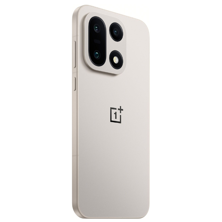 OnePlus 15 5G bege,  câmara tripla, logotipo 1+ no verso.