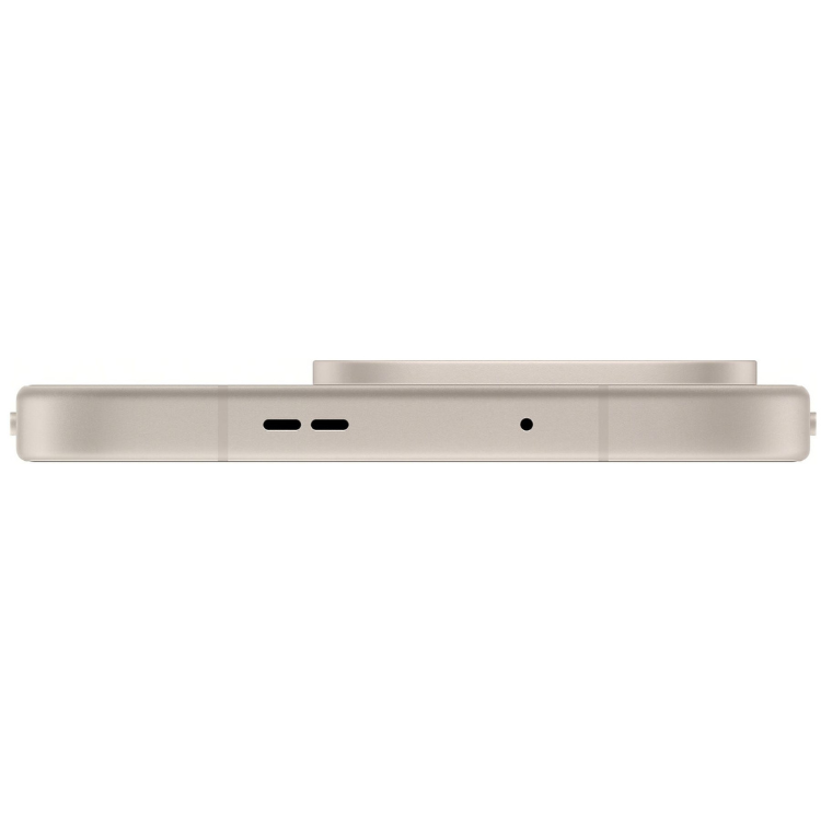 OnePlus 15 5G, smartphone bege, vista lateral, com duas entradas e microfone.