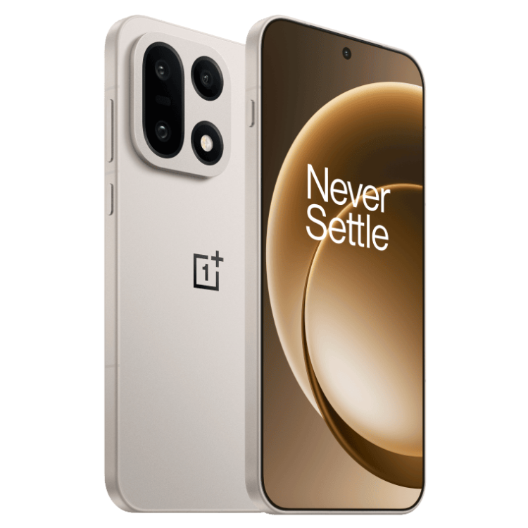 OnePlus 15 5G bege, 16GB/512GB, câmaras triplas e ecrã com Never Settle.