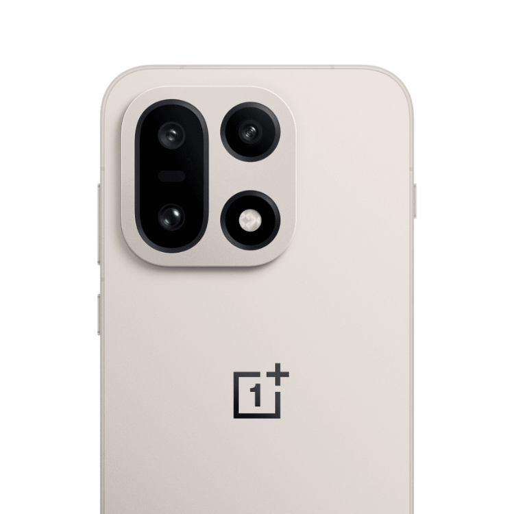 OnePlus 15 5G, bege, câmara tripla, logotipo OnePlus no verso.