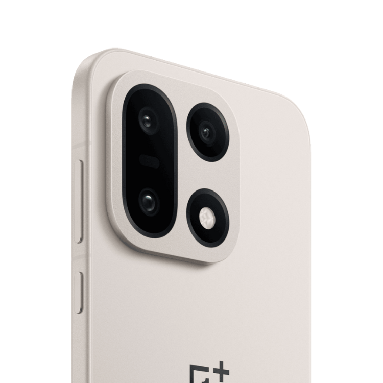OnePlus 15 5G bege, câmaras traseiras e logótipo visíveis.